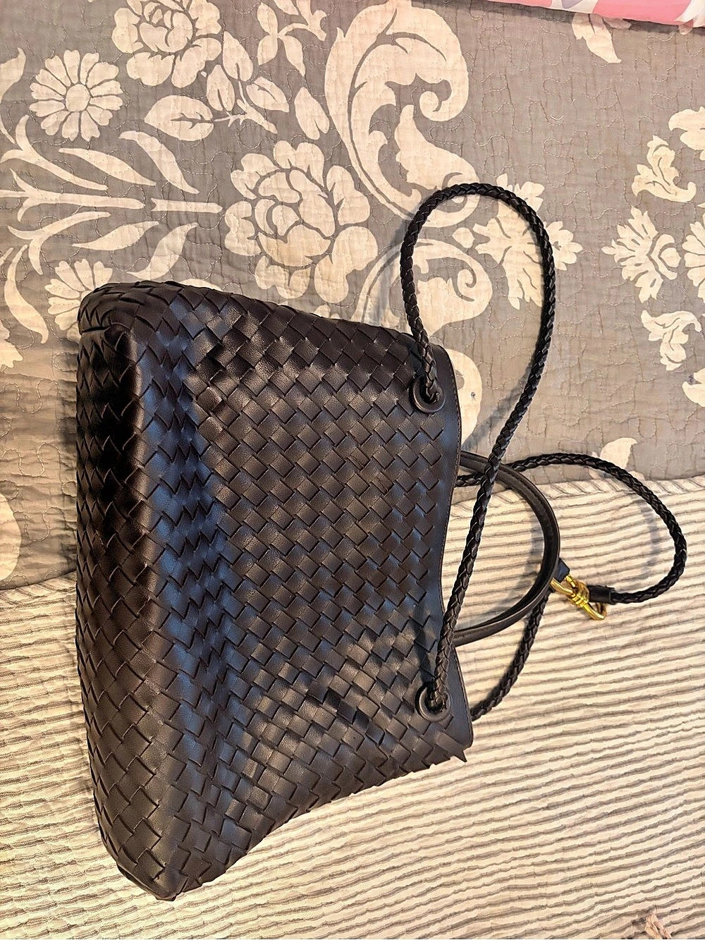 Woven Leather Tote Bag Burgundy Brown - Picture 2 of 3